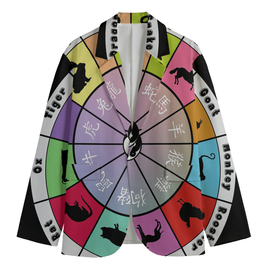 Colourful Chinese Zodiac Wheel Print Men's Blazer