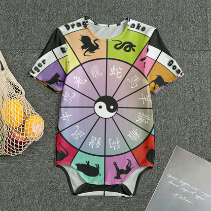 Colourful Chinese Zodiac Wheel Print Men's Bodysuit