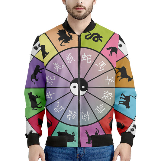 Colourful Chinese Zodiac Wheel Print Men's Bomber Jacket