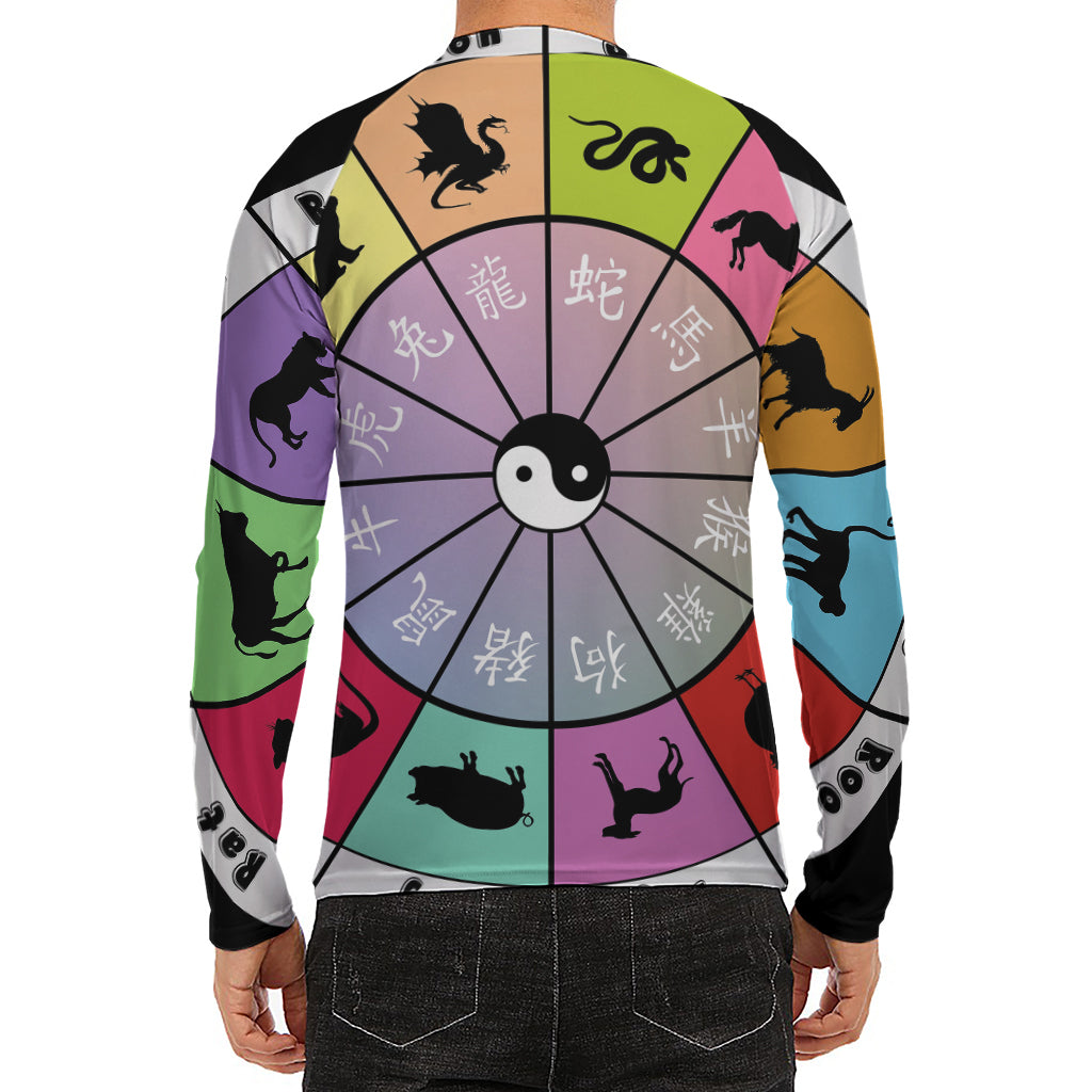 Colourful Chinese Zodiac Wheel Print Men's Long Sleeve Rash Guard