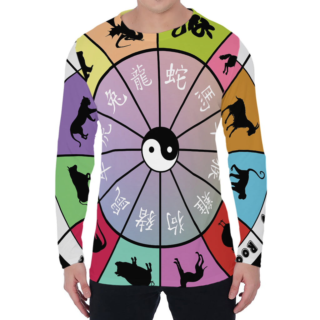 Colourful Chinese Zodiac Wheel Print Men's Long Sleeve T-Shirt