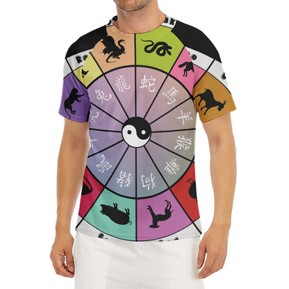 Colourful Chinese Zodiac Wheel Print Men's Short Sleeve Rash Guard