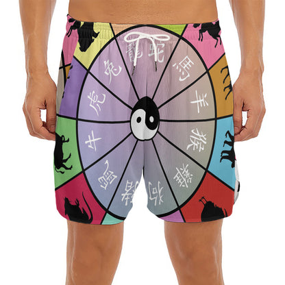 Colourful Chinese Zodiac Wheel Print Men's Split Running Shorts