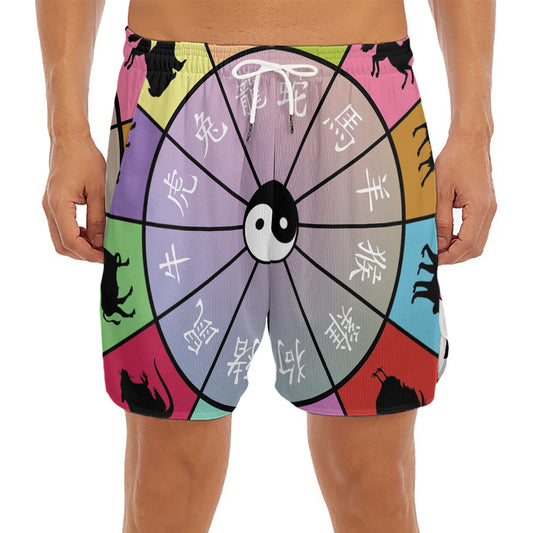 Colourful Chinese Zodiac Wheel Print Men's Split Running Shorts