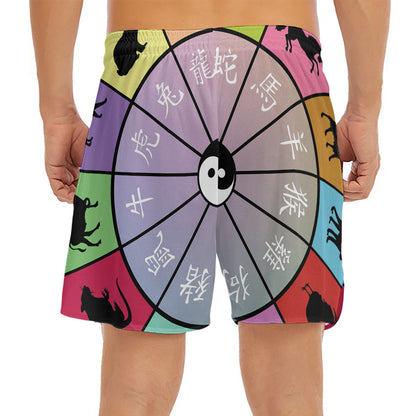 Colourful Chinese Zodiac Wheel Print Men's Split Running Shorts