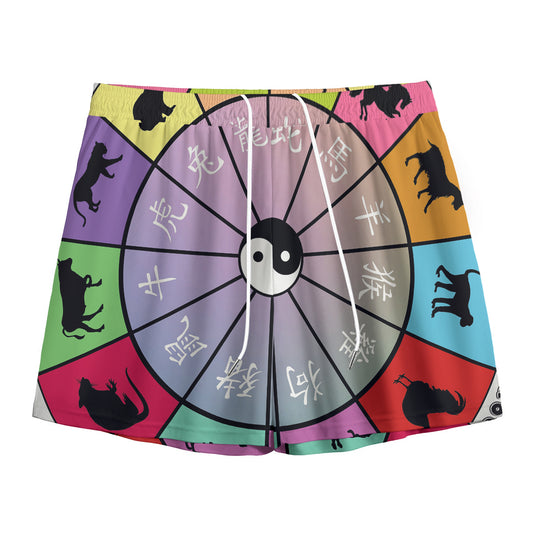 Colourful Chinese Zodiac Wheel Print Mesh Shorts