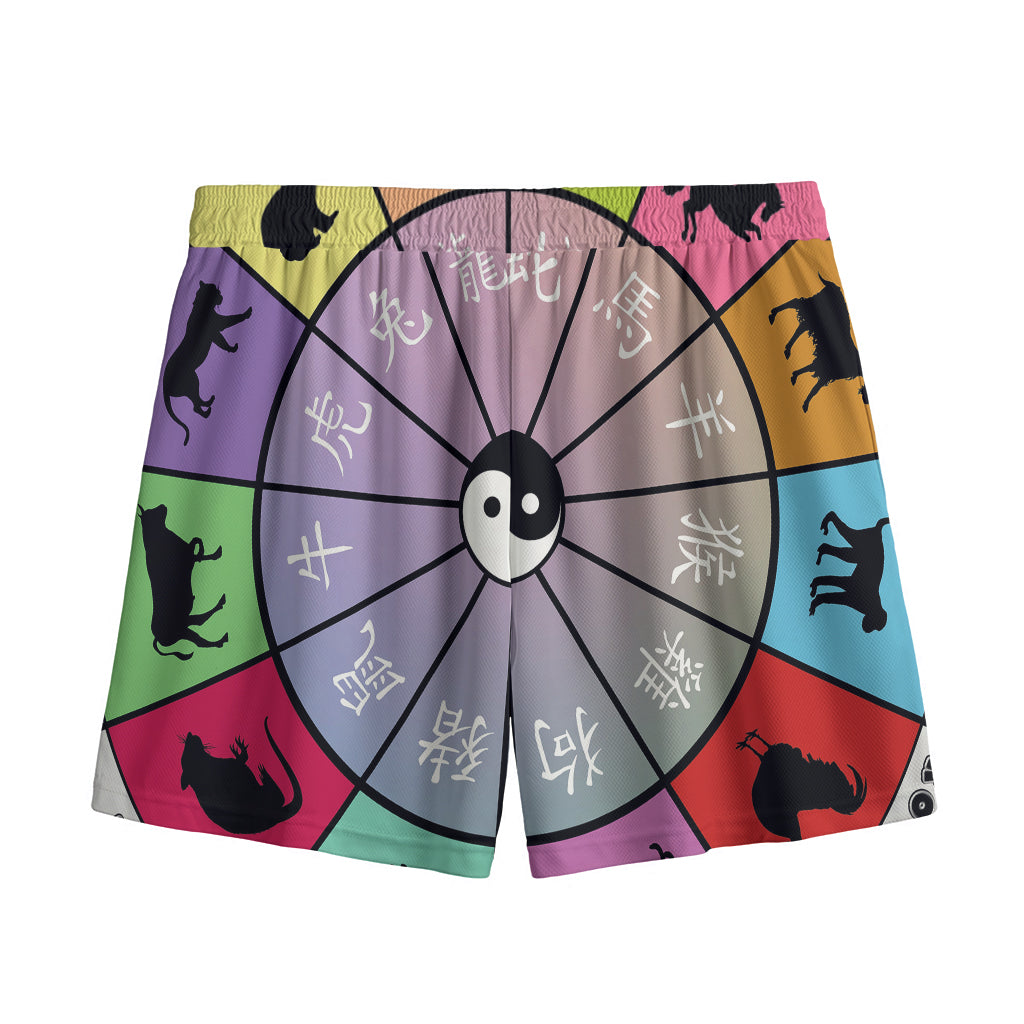 Colourful Chinese Zodiac Wheel Print Mesh Shorts