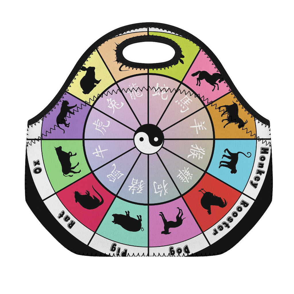 Colourful Chinese Zodiac Wheel Print Neoprene Lunch Bag
