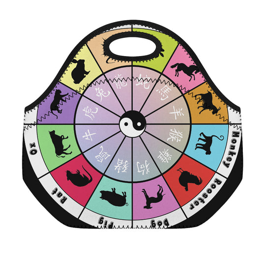 Colourful Chinese Zodiac Wheel Print Neoprene Lunch Bag