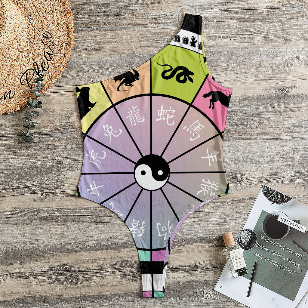 Colourful Chinese Zodiac Wheel Print One Shoulder Bodysuit
