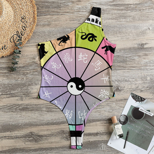 Colourful Chinese Zodiac Wheel Print One Shoulder Bodysuit