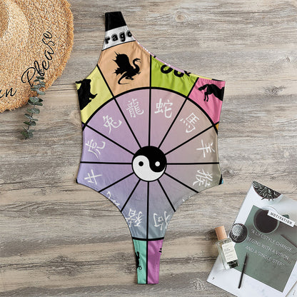 Colourful Chinese Zodiac Wheel Print One Shoulder Bodysuit