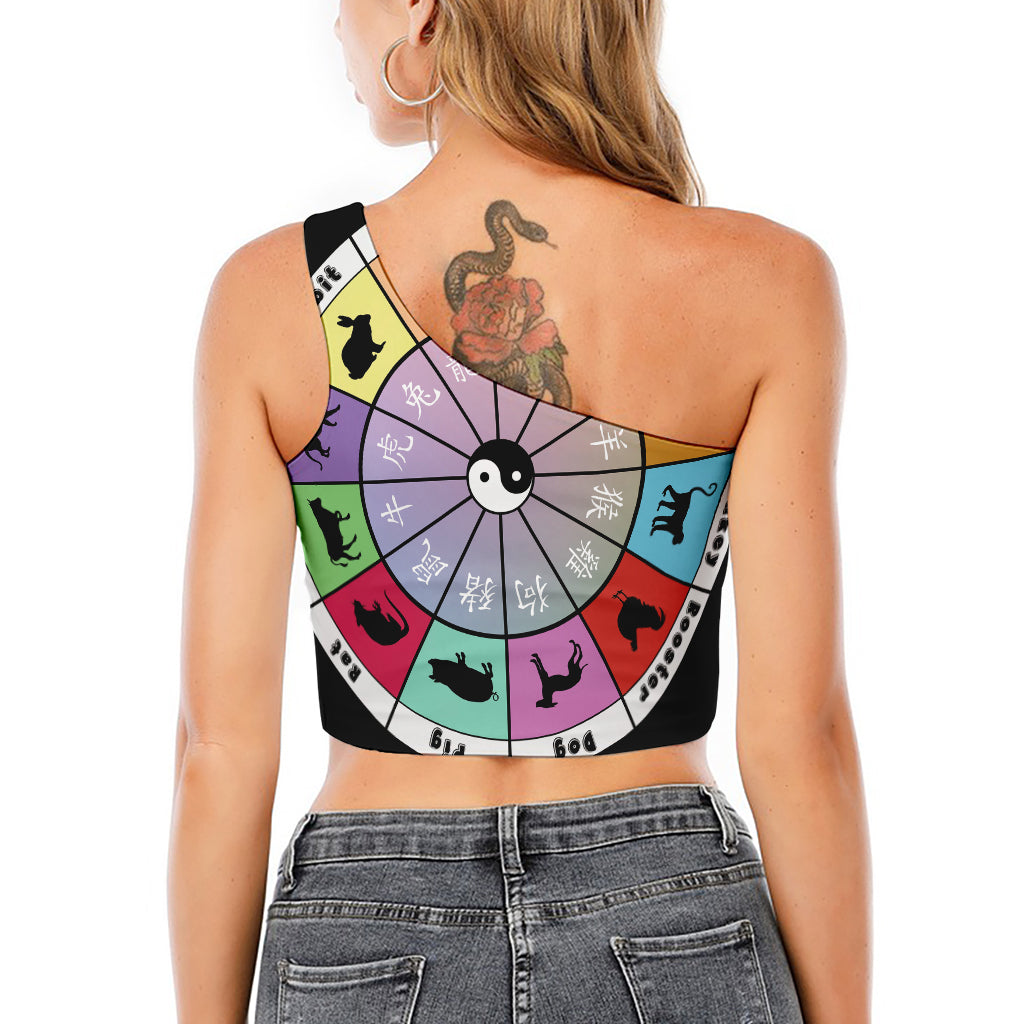 Colourful Chinese Zodiac Wheel Print One Shoulder Crop Top