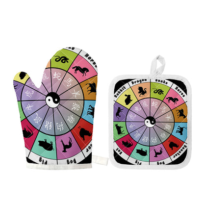 Colourful Chinese Zodiac Wheel Print Oven Mitt And Pot Holder Set
