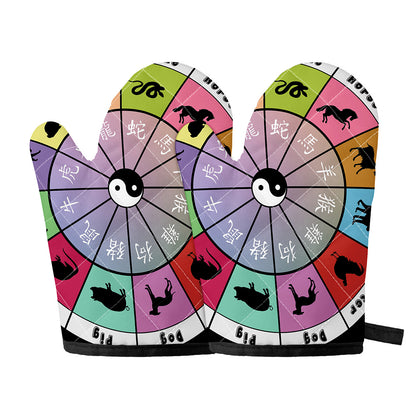 Colourful Chinese Zodiac Wheel Print Oven Mitts