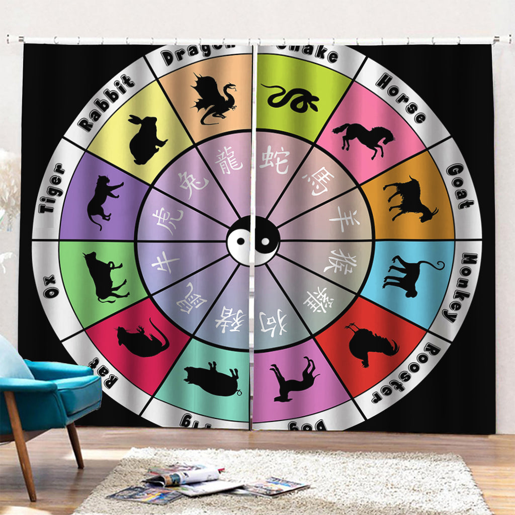 Colourful Chinese Zodiac Wheel Print Pencil Pleat Curtains
