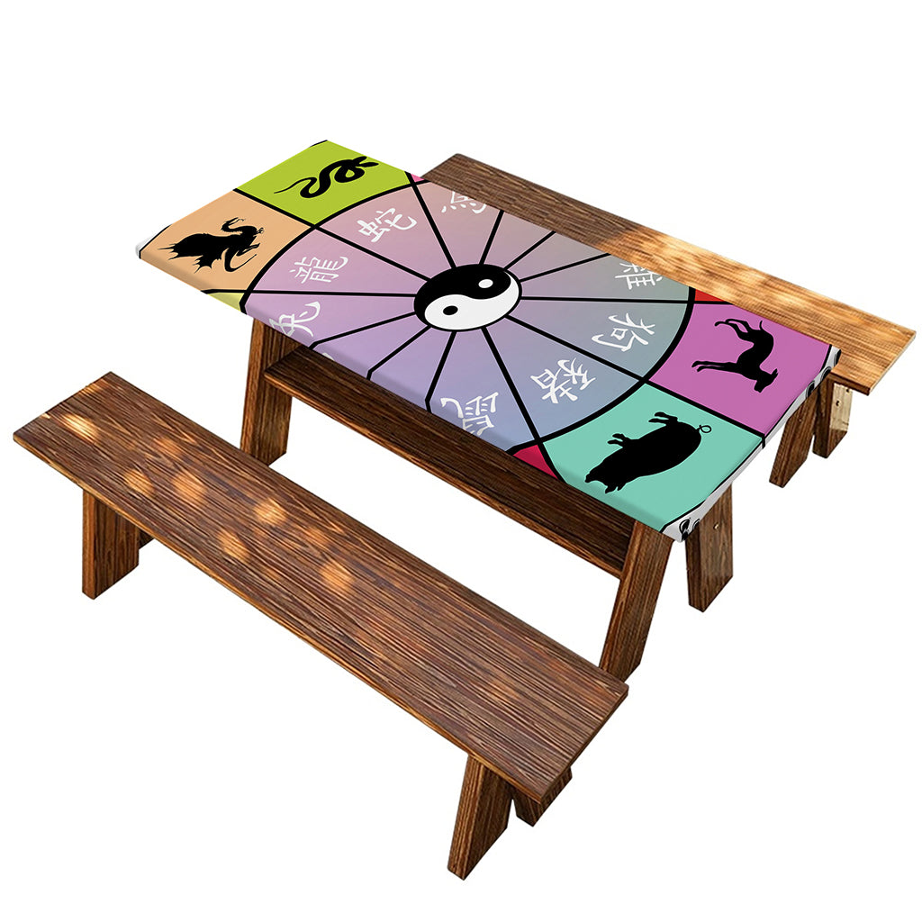 Colourful Chinese Zodiac Wheel Print Picnic Table Cover