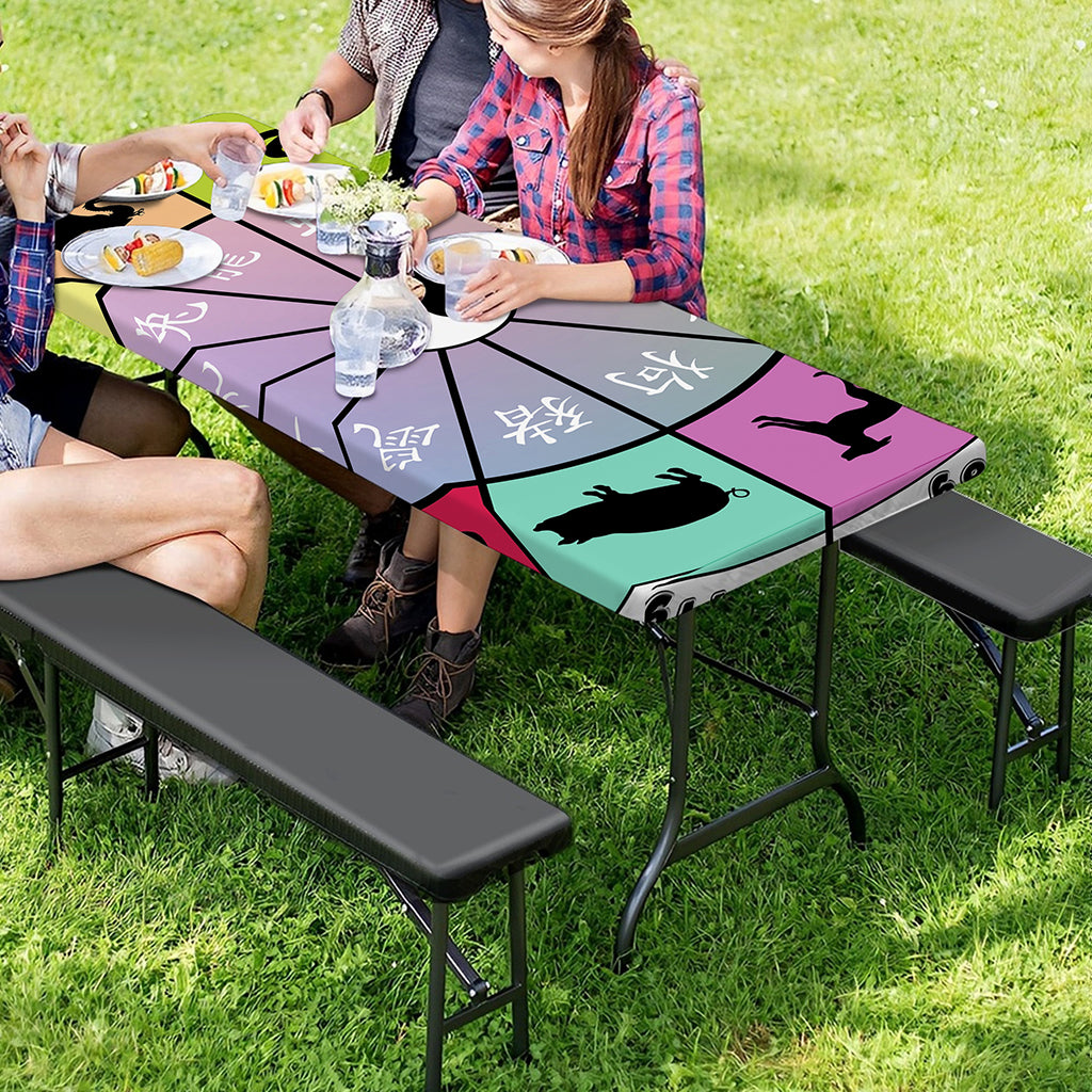 Colourful Chinese Zodiac Wheel Print Picnic Table Cover