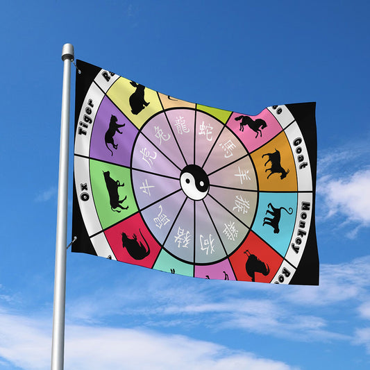 Colourful Chinese Zodiac Wheel Print Polyester Flag