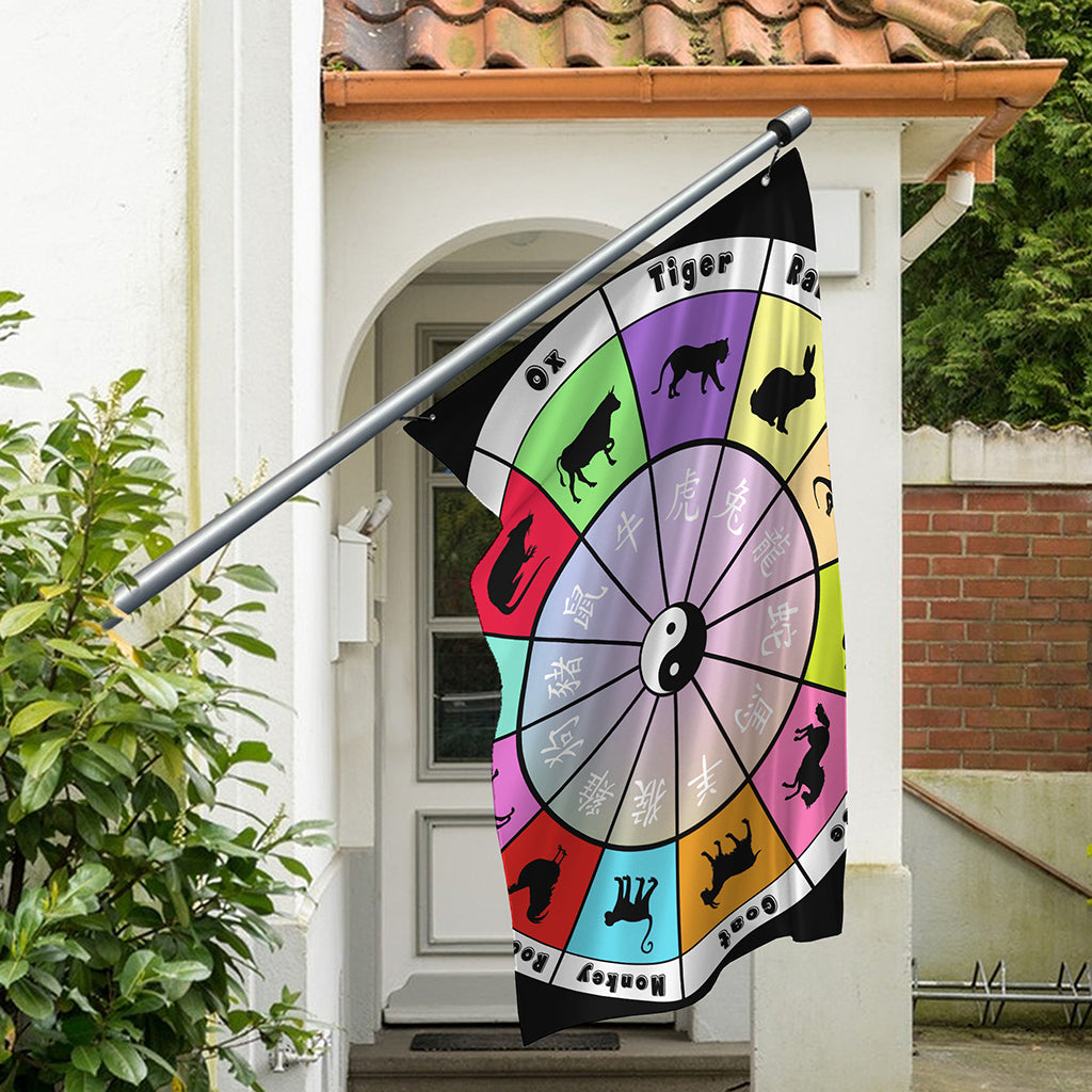 Colourful Chinese Zodiac Wheel Print Polyester Flag