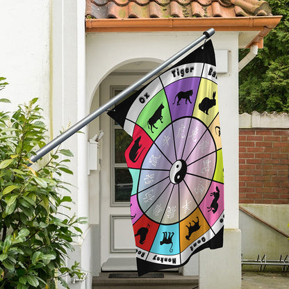 Colourful Chinese Zodiac Wheel Print Polyester Flag