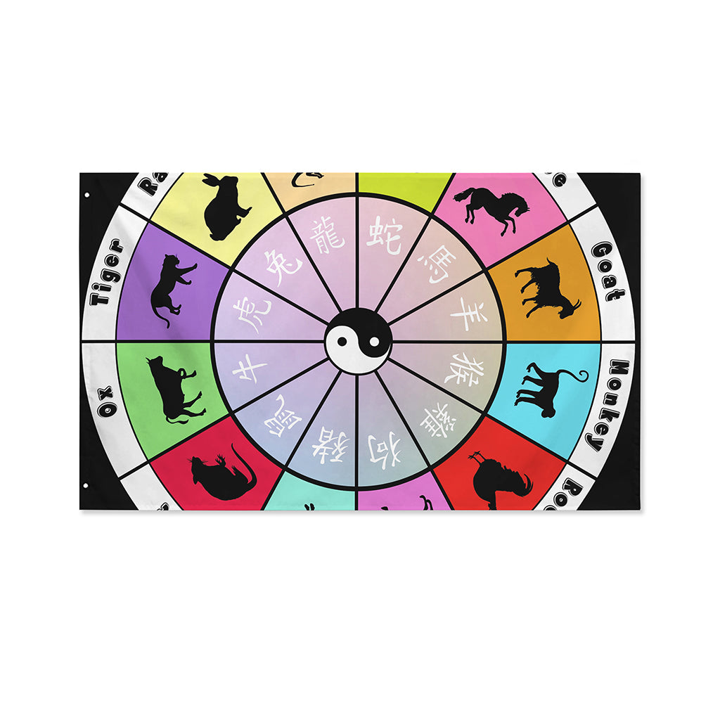 Colourful Chinese Zodiac Wheel Print Polyester Flag
