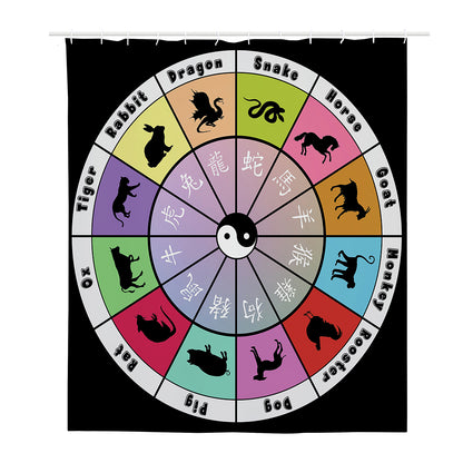 Colourful Chinese Zodiac Wheel Print Polyester Shower Curtain