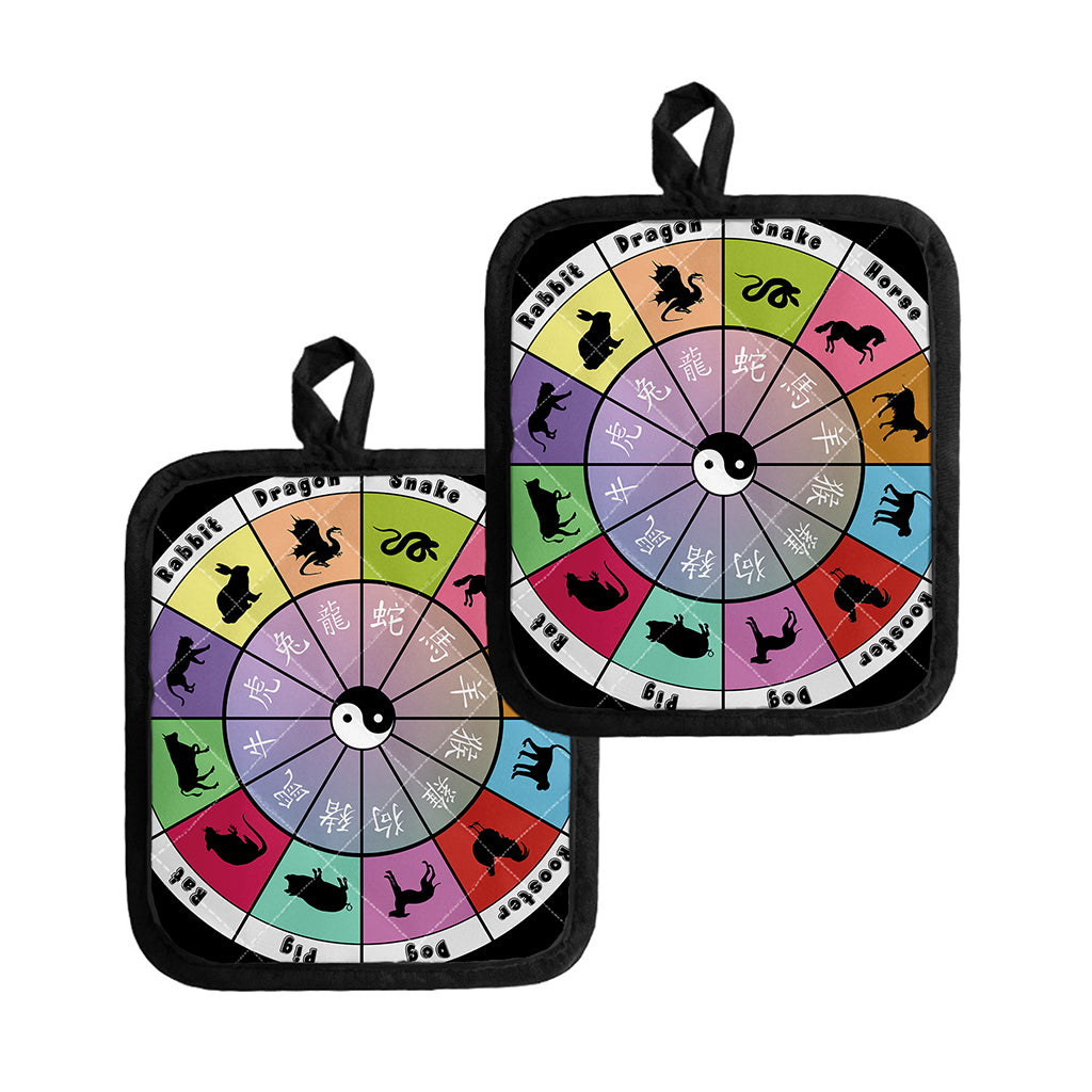 Colourful Chinese Zodiac Wheel Print Pot Holders