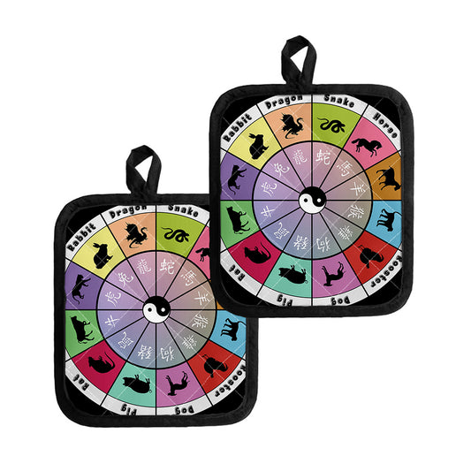 Colourful Chinese Zodiac Wheel Print Pot Holders