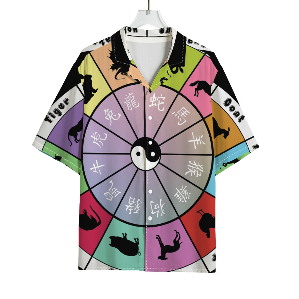Colourful Chinese Zodiac Wheel Print Rayon Hawaiian Shirt