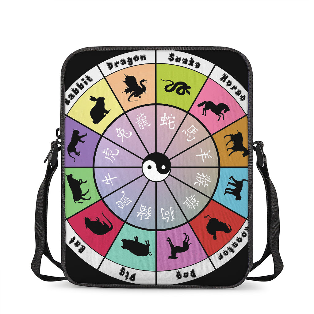 Colourful Chinese Zodiac Wheel Print Rectangular Crossbody Bag
