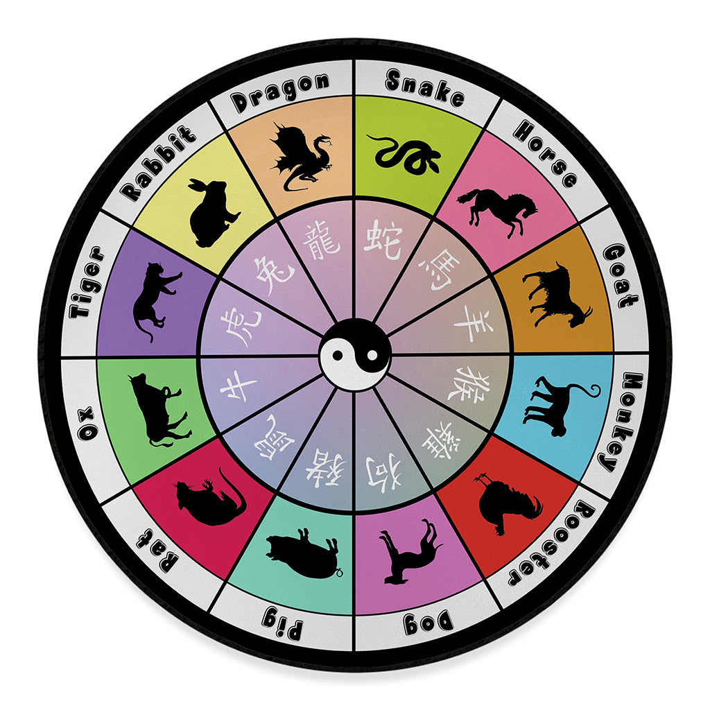 Colourful Chinese Zodiac Wheel Print Round Floor Mat