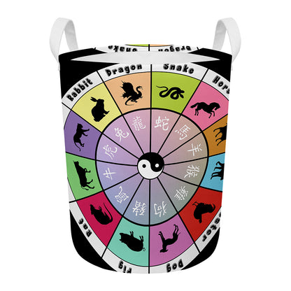 Colourful Chinese Zodiac Wheel Print Round Laundry Basket