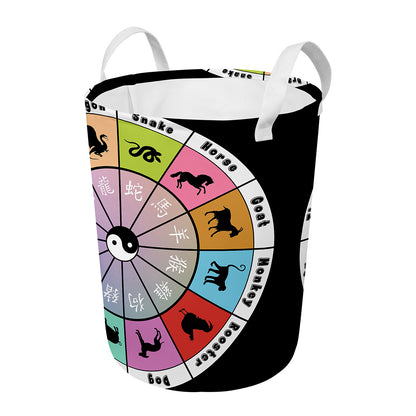 Colourful Chinese Zodiac Wheel Print Round Laundry Basket
