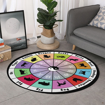 Colourful Chinese Zodiac Wheel Print Round Rug