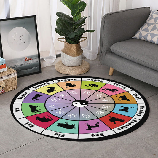 Colourful Chinese Zodiac Wheel Print Round Rug