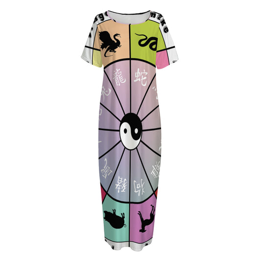 Colourful Chinese Zodiac Wheel Print Short Sleeve Long Nightdress