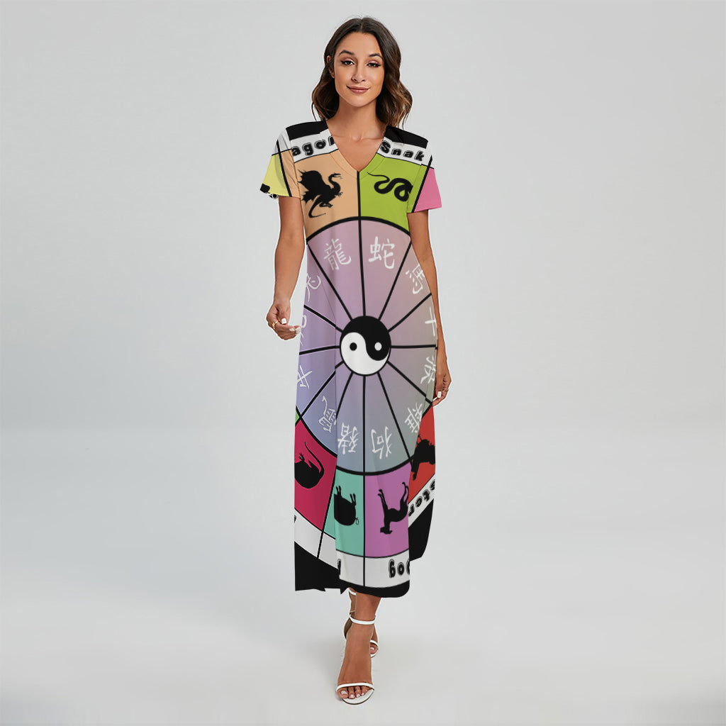 Colourful Chinese Zodiac Wheel Print Short Sleeve Maxi Dress