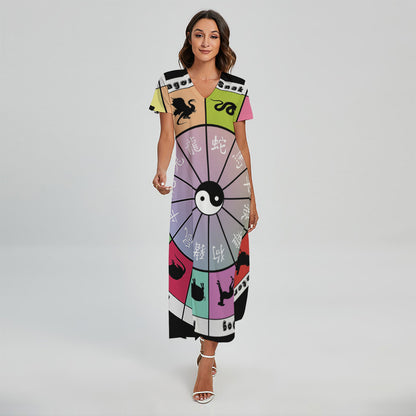 Colourful Chinese Zodiac Wheel Print Short Sleeve Maxi Dress