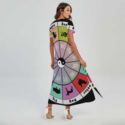 Colourful Chinese Zodiac Wheel Print Short Sleeve Maxi Dress