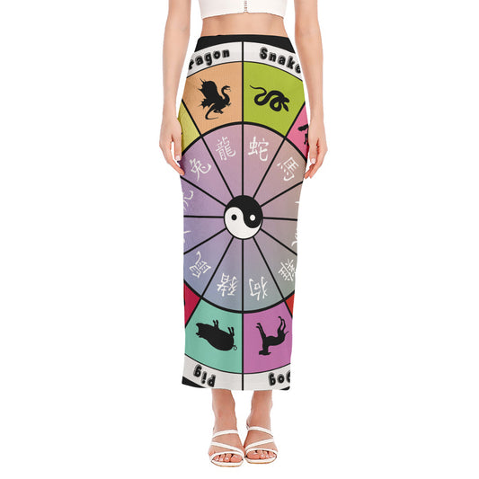 Colourful Chinese Zodiac Wheel Print Side Slit Maxi Skirt