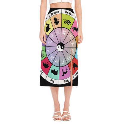 Colourful Chinese Zodiac Wheel Print Side Slit Midi Skirt