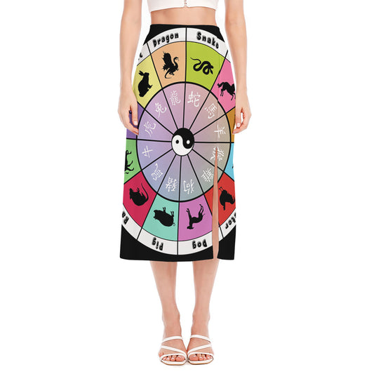 Colourful Chinese Zodiac Wheel Print Side Slit Midi Skirt