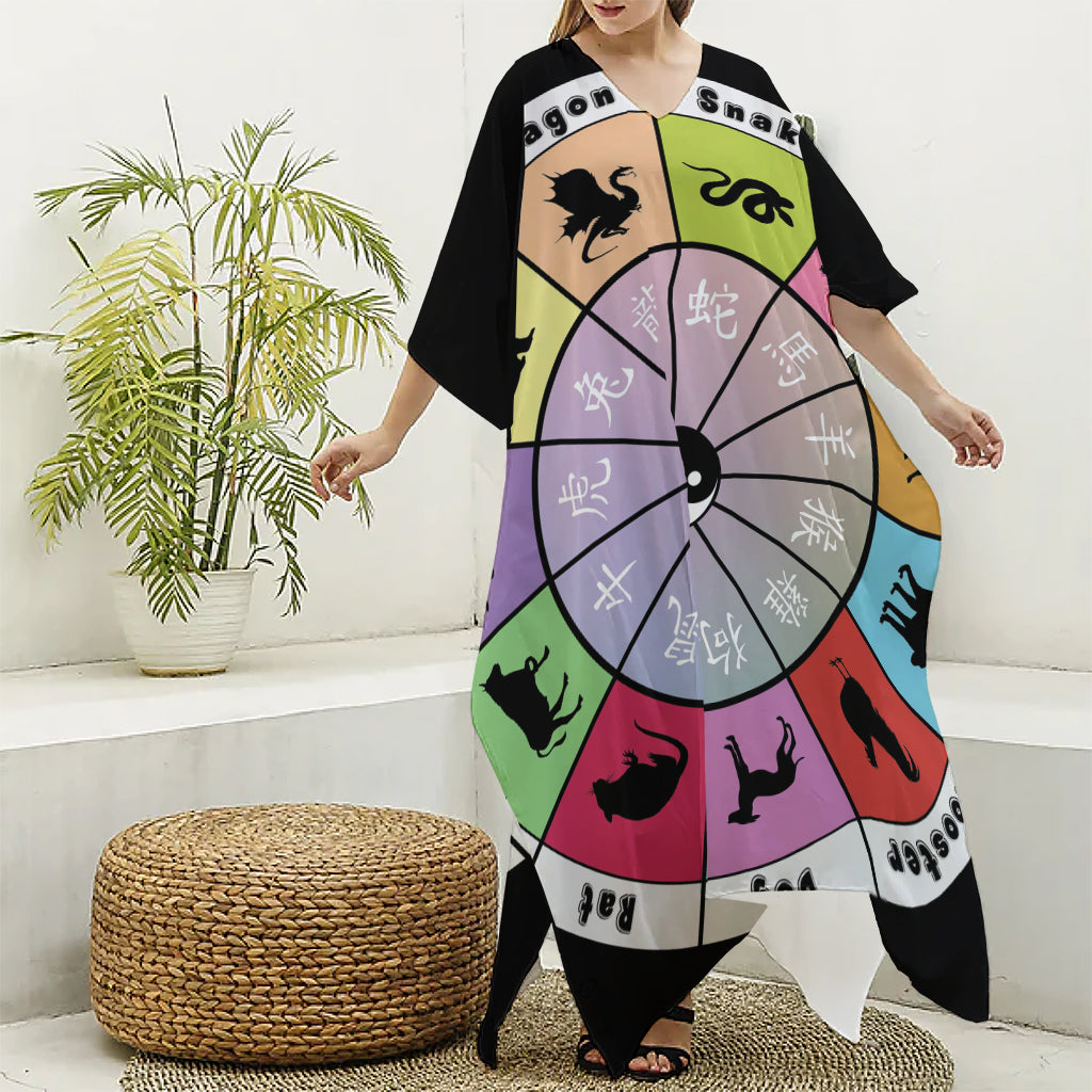 Colourful Chinese Zodiac Wheel Print Silk V-Neck Kaftan Dress