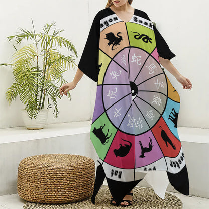 Colourful Chinese Zodiac Wheel Print Silk V-Neck Kaftan Dress