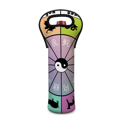 Colourful Chinese Zodiac Wheel Print Single Neoprene Wine Tote