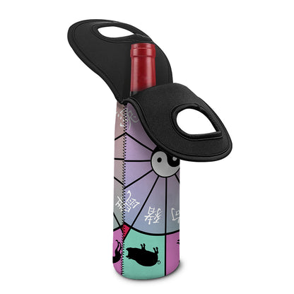 Colourful Chinese Zodiac Wheel Print Single Neoprene Wine Tote