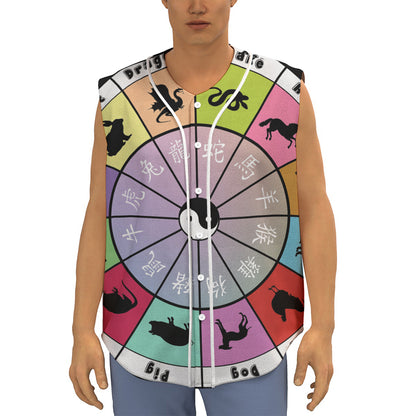 Colourful Chinese Zodiac Wheel Print Sleeveless Baseball Jersey