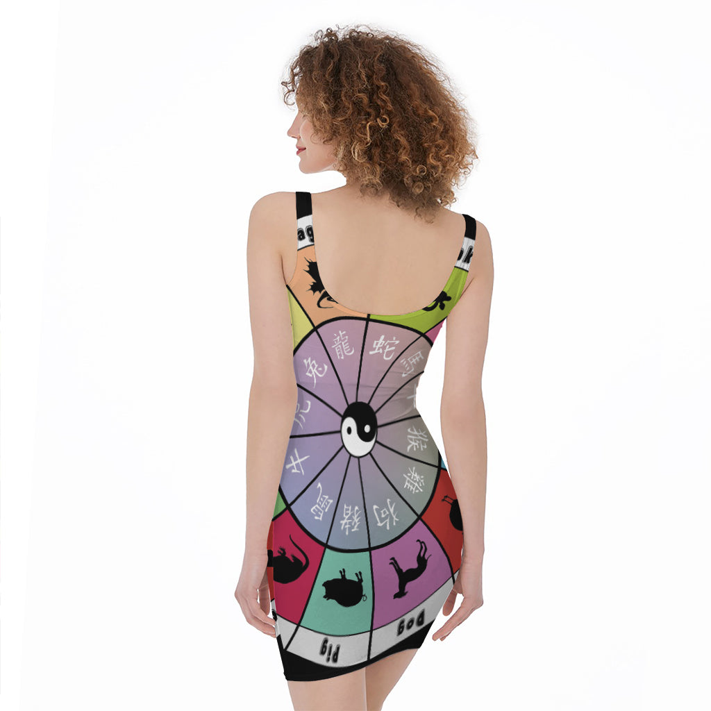 Colourful Chinese Zodiac Wheel Print Sleeveless Bodycon Dress