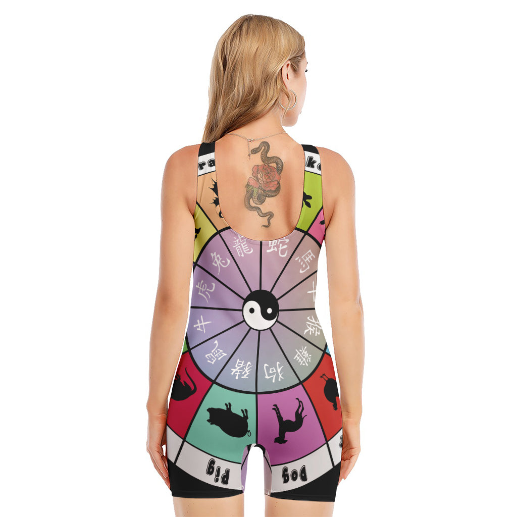 Colourful Chinese Zodiac Wheel Print Sleeveless One Piece Swimsuit